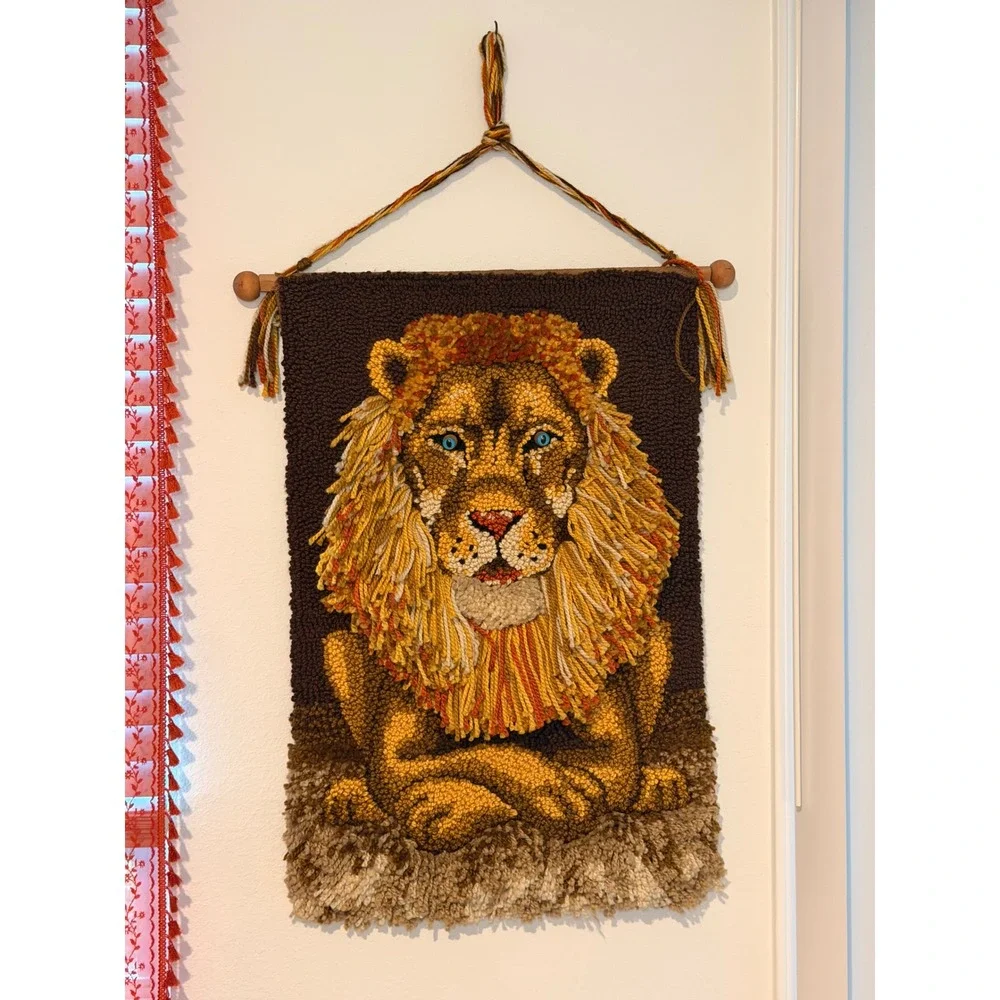Vintage Latch Hook Lion Wall Hanging Art 70s Boho